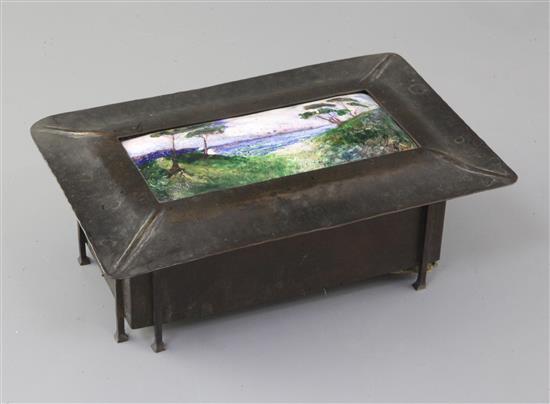 Charles Fleetwood Varley for Guild of Handicraft. An Arts & Crafts copper and enamel box, w. 26cm, hinge detached